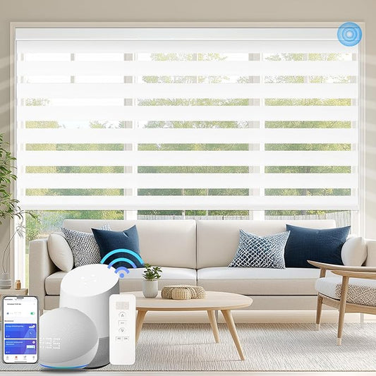 Motorized Zebra Blinds for Windows Cordless Electric Curtains with Remote Control Blackout Shades Custom Smart Blinds Compatible with Alexa Google Home(Blackout White,W41 X 72in)