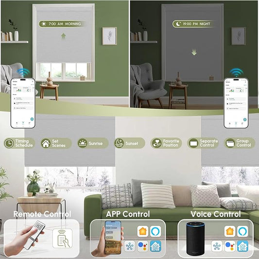 FineTell Motorized Blinds with Remote, 100% Blackout Roller Shades Compatible with Alexa,Apple Homekit,Google Home APP and Voice Control, Customized Electric Blinds (100% Blackout Pure Light Grey)
