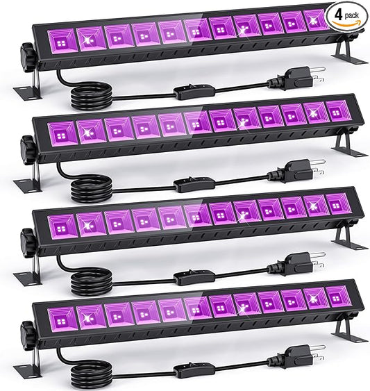 4-Pack UV Black Light Bars 45W, 395NM LED Blacklights for Glow Party, Body Paint, Halloween, Fluorescent Posters, Birthday Decor, IP66 Waterproof