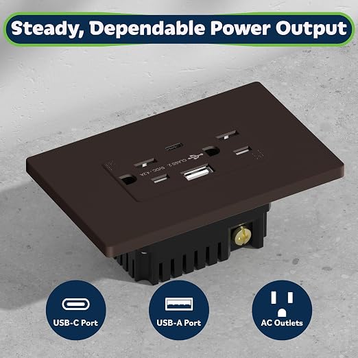 TOPGREENER 2-Port USB Outlet, 4.2A Type C USB Wall Outlet, Brown, 2 Pack | UL Listed, 15 Amp TR Receptacle Plug, USB Receptacle, Charging Power Outlet with USB C&A Ports, Wall Plate Included