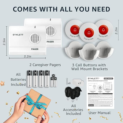 Caregiver Pager Wireless Nurse Call Button for Elderly Home Monitoring Alert System Portable Alarm Bell Seniors Patients Emergency 3 Call Buttons, 2 Pagers