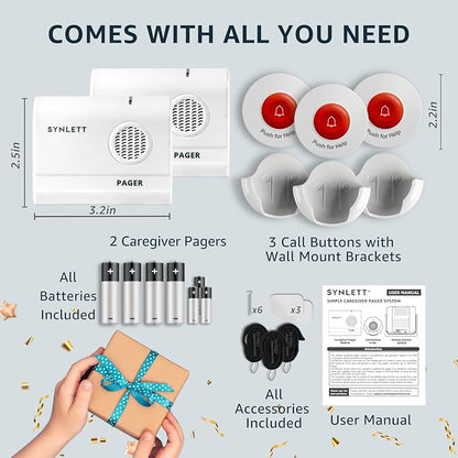 2 Caregiver Pagers & 3 Wireless Nurse Call Buttons for Elderly at Home SOS Alert Seniors Patients