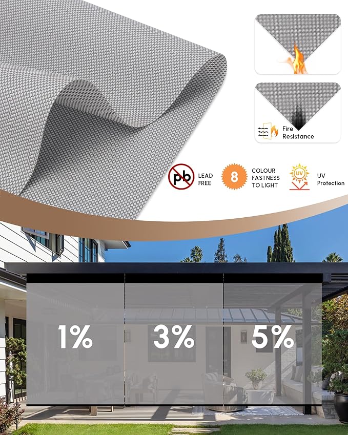 Kincmo Motorized Outdoor Shades for Patio Porch, Custom Outdoor Motorized Blinds with Remote, Waterproof & Windproof Patio Shades Work with Apple Homekit,Alexa,Google (5% Openness White Grey)