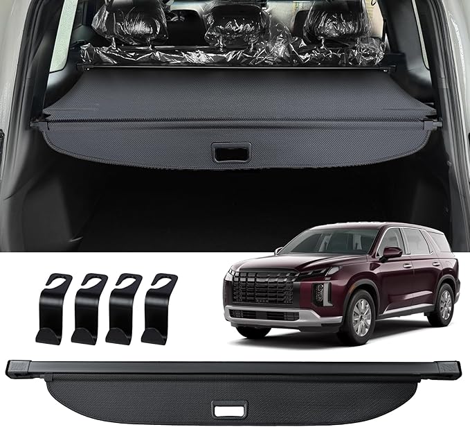 AUXKO Retractable Cargo Cover for Hyundai Palisade 2025 2024-2020 with 4PCS Headrest Hooks, Trunk Cover Luggage Security Shade Cover Shielding Shade Anti-Peeping Luggage Privacy Screen, Carbon Fiber
