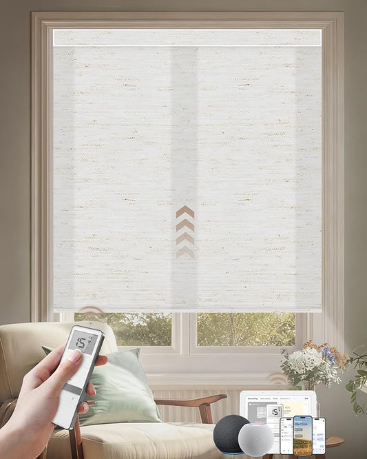 Kincmo Motorized Blinds with Remote, Light Filtering Roller Shades Work with Apple Homekit,Alexa,Google Home, Custom Electric Blinds with App,Voice Control (75% Blackout Linen White)