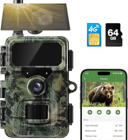 Cellular Trail Camera Solar, 4G LTE Game Cameras 64MP 2K HD Live Streaming,Night Vision Outdoor Camera,Rechargeable Wildlife Camera Deer Cams for Backyard（64GB TF Card Included