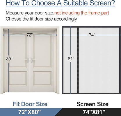 Reversible Left Right Side Opening Wide Magnetic Screen Door for Sliding & French Doors,Heavy Duty Thicker Reinforced Mesh Bug Door Screen Magnetic Closure,Screen 74" x 81",Fits Door to 72"x80"