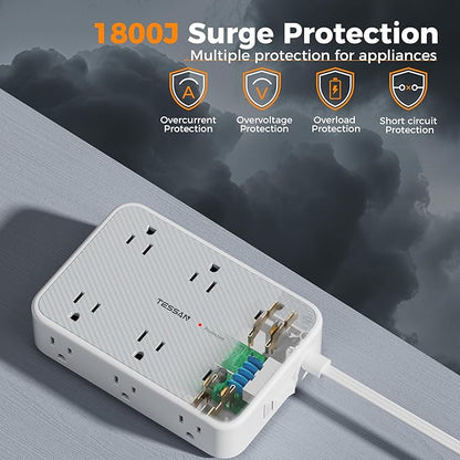 TESSAN Surge Protector Power Strip, 5FT Flat Extension Cord with Multiple Outlets, 12 Outlet Extender with 4 USB (2 USB-C), Flat Plug Power Strip, 1800J Surge Protection, Office, Dorm Essentials