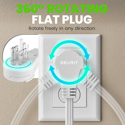 GEARit 6 ft 360° Rotating Flat Plug Extension Cord, 3 Outlet Low Profile Power Cord, 16 AWG 13A 3 Prong Grounded Indoor Cord, ETL Listed, Space-Saving for Furniture, White