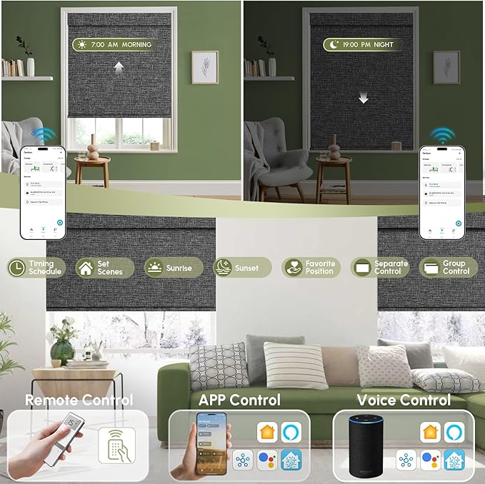 FineTell Motorized Blinds with Remote, 100% Blackout Roller Shades Compatible with Alexa,Apple Homekit,Google Home APP and Voice Control, Customized Electric Blinds (100% Blackout Classic Dark Grey)