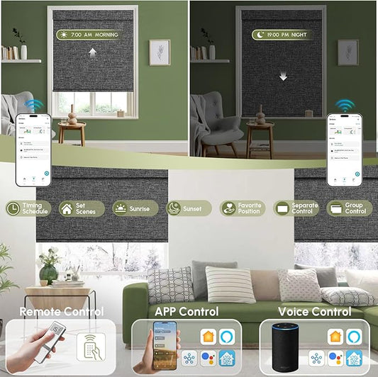 FineTell Motorized Blinds with Remote, 100% Blackout Roller Shades Compatible with Alexa,Apple Homekit,Google Home APP and Voice Control, Customized Electric Blinds (100% Blackout Classic Dark Grey)