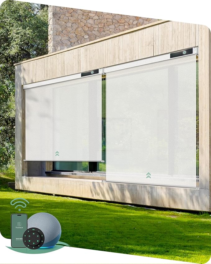 Yoolax Customized Motorized Outdoor Shades, Smart Blinds Compatible with Alexa Google, Remote Control Waterproof Blinds for Patio Porch Windows Outside (3% Openness White)