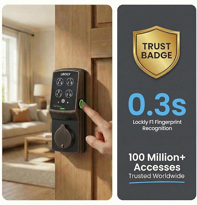 Lockly Secure Plus, Keyless Entry Door Lock, Smart Locks for Front Door, Smart Lock Deadbolt, PIN Genie® Keypad, 3D Biometric Fingerprint Sensor, Auto Lock Smart Door Lock
