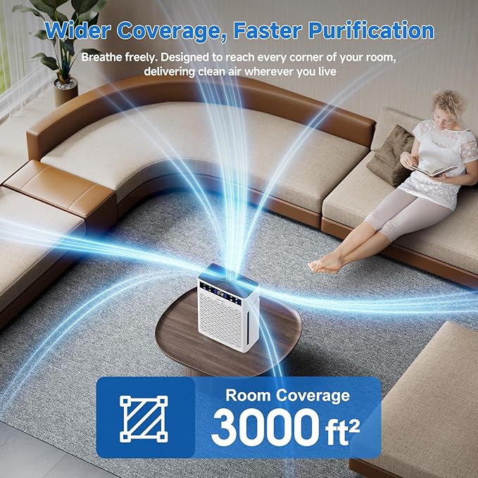 Air Purifiers for Home, Large Room up to 3000 Ft², HEPA Air Purifier for Home Pets with Filter, Air Quality Sensor, Timer, Air Cleaner for Bedroom, Dorm Room, Pet Hair, Office