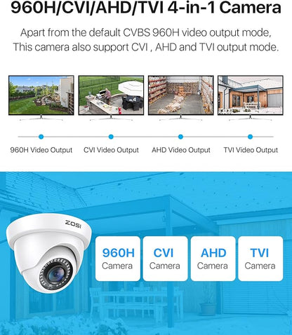 ZOSI 2.0MP HD 1080P 1920TVL Hybrid 4-in-1 TVI CVI AHD 960H CVBS CCTV Dome Security Camera Indoor Outdoor, 80ft Night Vision, IP66 Weatherproof for HD-TVI, AHD, CVI and CVBS/960H Analog DVR(White)