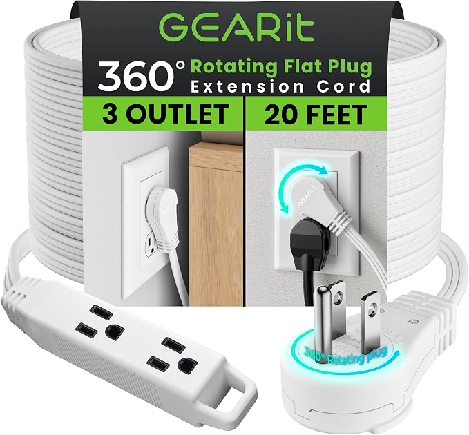 GEARit 20 ft 360° Rotating Flat Plug Extension Cord, 3 Outlet Low Profile Power Cord, 16 AWG 13A 3 Prong Grounded Indoor Cord, ETL Listed, Space-Saving for Furniture, White