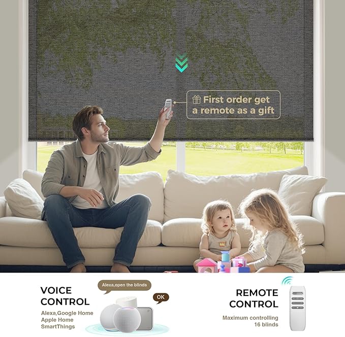 HeyBlinds Motorized Blinds with Remote, Smart Roller Shades with App & Voice Control, Work with Alexa Google HomeKit, Light Filtering Custom Window Shades for Living Room Office (Sunbeam-Tan LF)