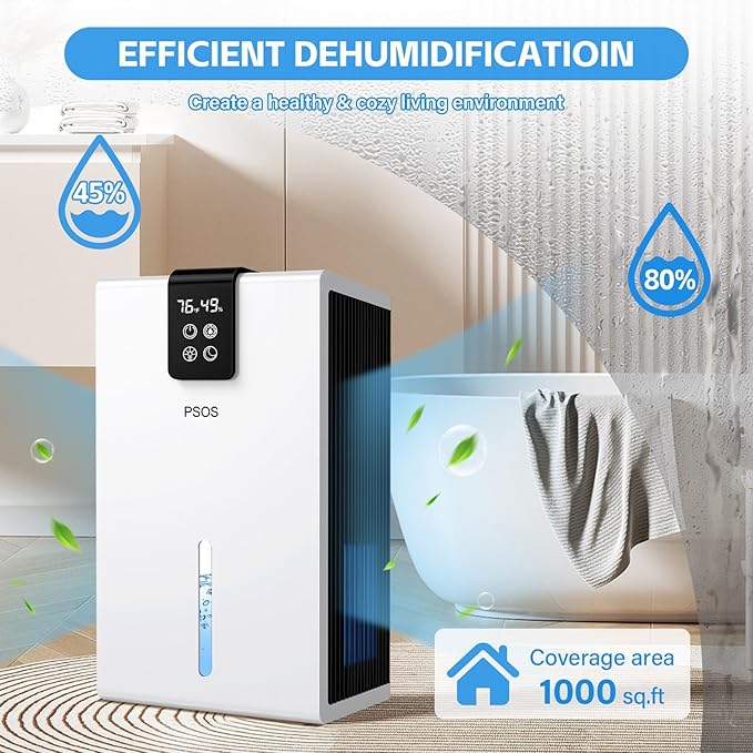 PSOS Dehumidifier, 98 OZ Water Tank, Dehumidifiers for Home, (1000 sq.ft) Quiet Dehumidifier for Bedroom Bathroom Basement with Humidity Display, Auto Shut Off, Relaxing 7 Color Ambient Light(White)