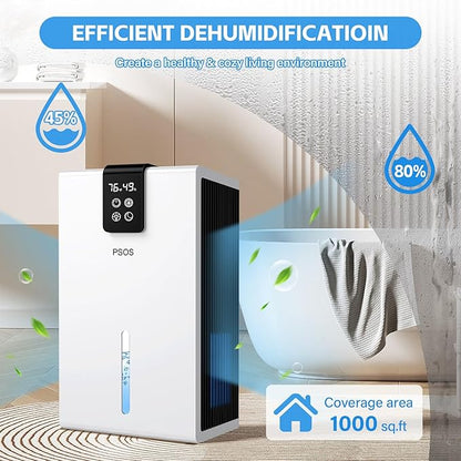 PSOS Dehumidifier, 98 OZ Water Tank, Dehumidifiers for Home, (1000 sq.ft) Quiet Dehumidifier for Bedroom Bathroom Basement with Humidity Display, Auto Shut Off, Relaxing 7 Color Ambient Light(White)