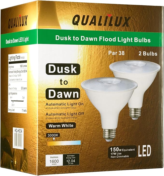 Qualilux PAR38 Dusk to Dawn LED Flood Light Bulbs, Warm White 3000K, 150W Equivalent 17W, 1600LM, Auto On/Off Light Sensing Outdoor Light Bulb, 2 Pack, Non-Dimmable, HQ-H034
