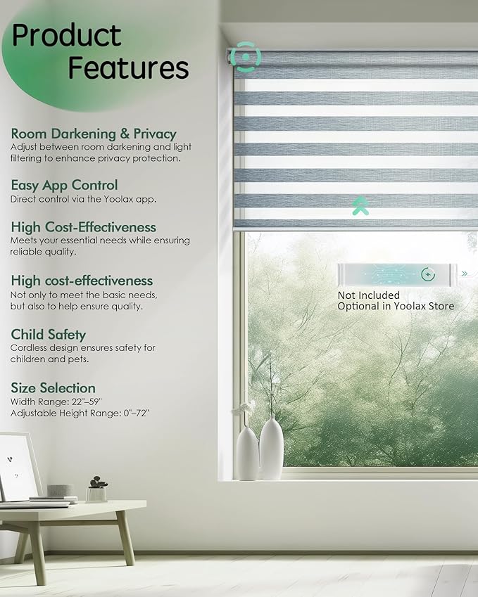 Yoolax Motorized Zebra Blinds, Electric Zebra Shades for Indoor Windows, Motorized Shades Light Control Horizontal, Automatic Window Shades for Bedroom Office Kitchen (80% Shading Grey, 47" x 72")