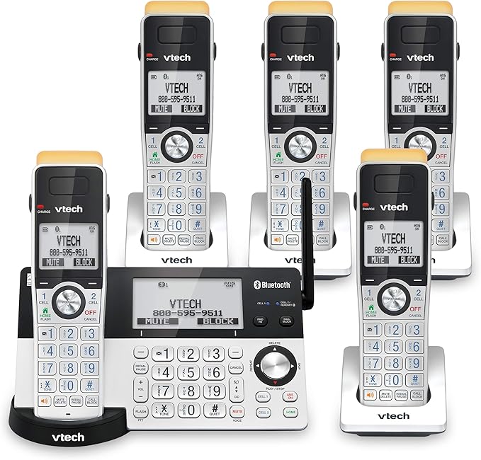 VTech IS8151-5 Super Long Range 5 Handset DECT 6.0 Cordless Phone for Home with Answering Machine, 2300 ft Range, Call Blocking, Bluetooth, Headset Jack, Power Backup, Intercom, Expandable to 12 HS