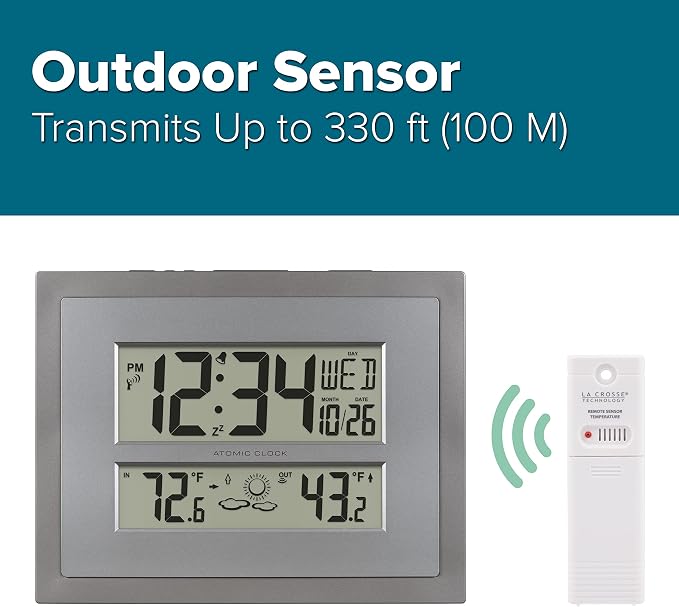 La Crosse Technology 512-85937 Gray Atomic Digital Clock with Temperature | Color: Gray/Silver, Forecast, Atomic Time, DST reset, Crescendo Alarm, Wireless 330ft range transmits Outdoor temperature