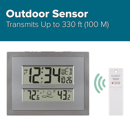 La Crosse Technology 512-85937 Gray Atomic Digital Clock with Temperature | Color: Gray/Silver, Forecast, Atomic Time, DST reset, Crescendo Alarm, Wireless 330ft range transmits Outdoor temperature