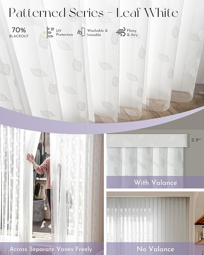 Graywind Motorized Sheer Vertical Blinds Compatible with Alexa Google Smart Sheer Curtain Drapery Privacy Light Filtering Remote Control Vertical Shades, Custom with Up to 157", Leaf White