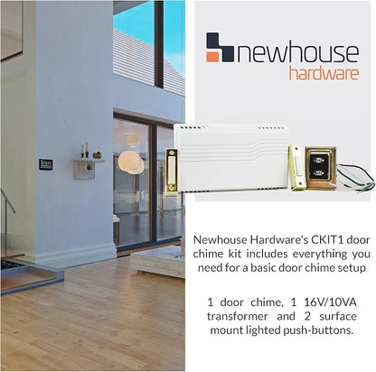 Newhouse Hardware Electric 2-Tone Door Bell Chime Kit with 16V 10VA Transformer and Lighted Doorbell Push Buttons CKIT1, Doorbell Button, Transformer, and Doorbell Chime Replacement