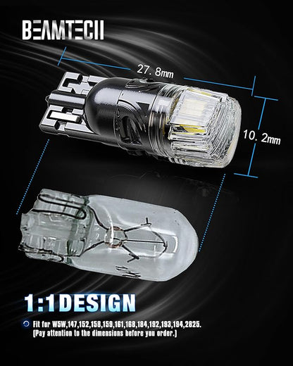 BEAMTECH 194 LED Bulbs 6500K White, 168 T10 2825 W5W Interior LED Lights for License Plate Interior Dome Map Door Courtesy Dash lights Replacements, Pack of 2