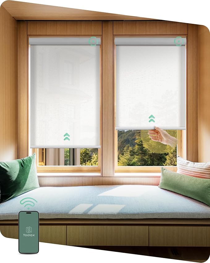 Yoolax Motorized Shades Dual Control, MotionFlex Motorized Solar Shades with App & Manual Control, Fireproof Waterproof Automatic Blinds for Indoor Windows, Custom Size (1% Openness White)