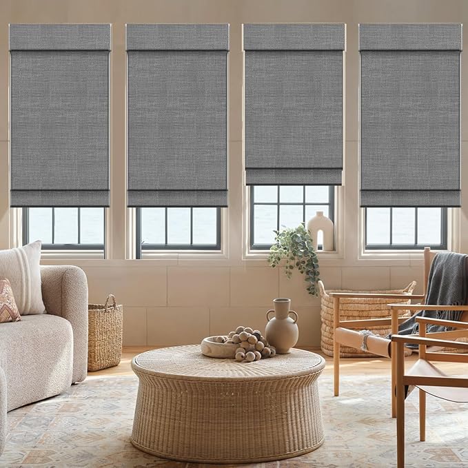 Motorized Roman Shades with Remote,Wooden Blinds Compatible with Alexa/Google/Apple Homekit,Natural Woven Wood Blinds,Electric Blinds Customized Size,Crocheting Chocolate