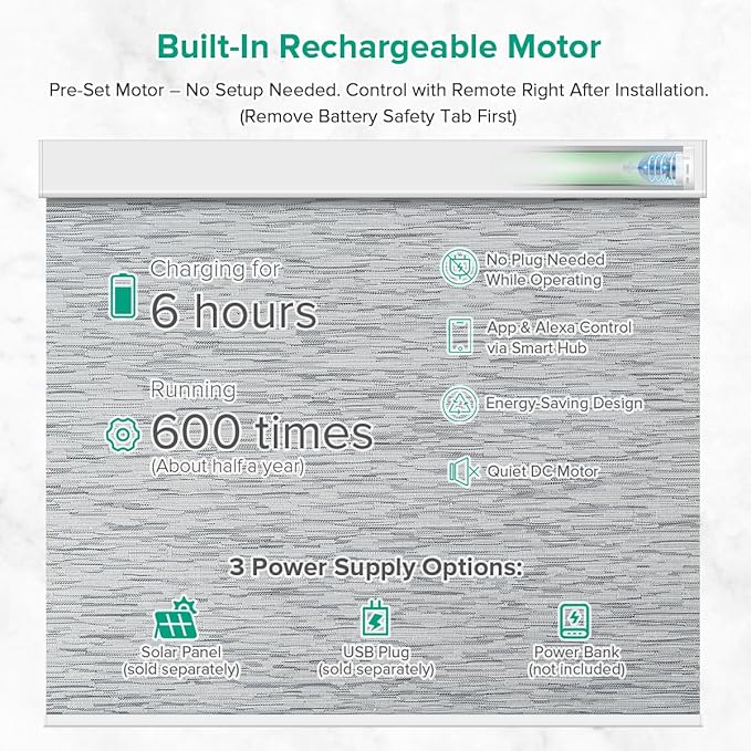 Motorized Roller Shades, 10O% Blackout Remote Control Custom Window Shades Compatible with Alexa Google Assistant via RF Hub, Rechargeable Electric Blinds for Windows (Texture Grey)