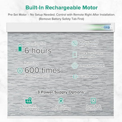 Motorized Roller Shades, 10O% Blackout Remote Control Custom Window Shades Compatible with Alexa Google Assistant via RF Hub, Rechargeable Electric Blinds for Windows (Texture Grey)