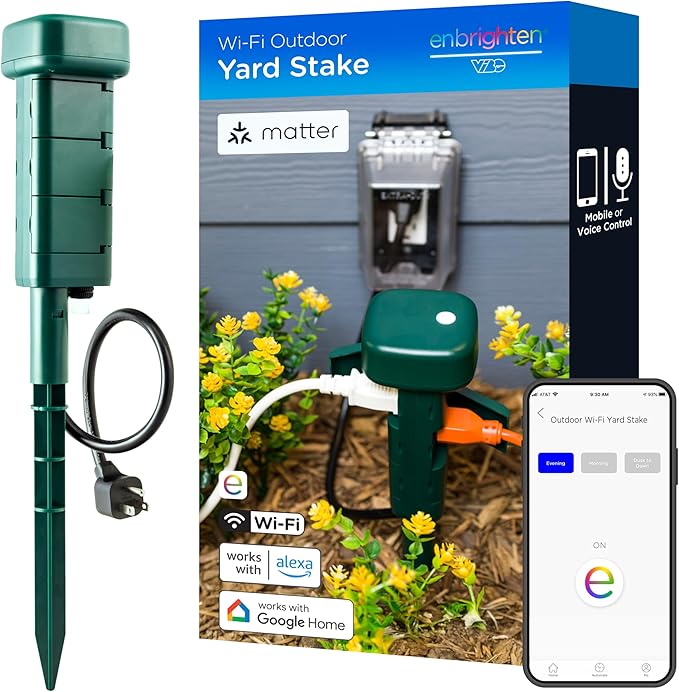 Enbrighten Vibe Wi‑Fi Matter Smart Plug Yard Stake, 2.4GHz, No Hub Required, Compatible with Alexa and Google Assistant, Six Grounded Plug‑in Outlets for Outdoor Use, 81200-S1
