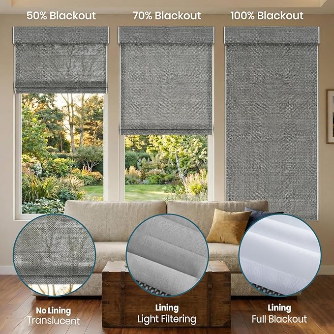 Motorized Roman Shades with Remote,Wooden Blinds Compatible with Alexa/Google/Apple Homekit,Natural Woven Wood Blinds,Electric Blinds Customized Size,Crocheting Chocolate