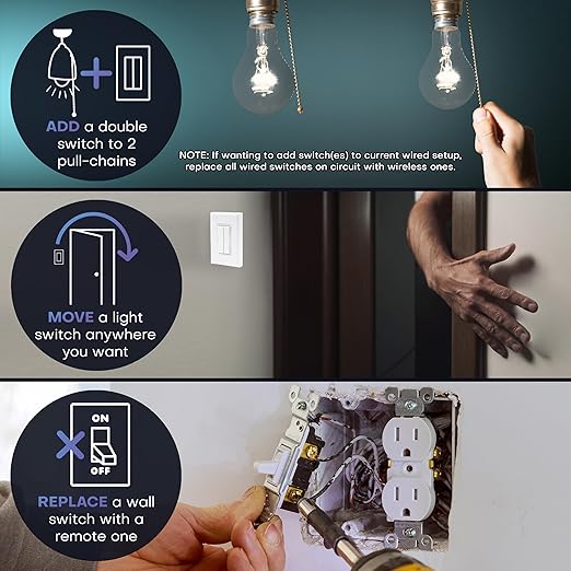 RunLessWire Fan & Light Battery-Free DIY Wireless Light Switch Kit 150ftRF Range Kinetic for Bathrooms & Ceiling Fans: 1 Dual Remote Switch Controls 2 5A On/Off Receivers Separately Brown