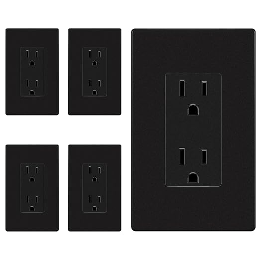 ENERLITES 5 Pack Decorator Outlet 15A Receptacle with Screwless Wall Plate | Self-Grounding, UL Listed, Standard Residential Electrical Outlets for Home, Non-Tamper Resistant, 5-15R, 125V, Matte Black