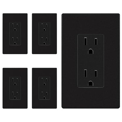 ENERLITES 5 Pack Decorator Outlet 15A Receptacle with Screwless Wall Plate | Self-Grounding, UL Listed, Standard Residential Electrical Outlets for Home, Non-Tamper Resistant, 5-15R, 125V, Matte Black