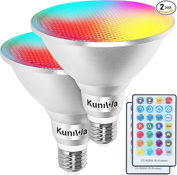 2 Pack PAR38 Flood Light Bulbs Outdoor 30W, LED Color Changing Spotlight Waterproof, 100W Equivalent, Timing, Remote, RGB Porch Light E26 for Holiday Halloween Christmas Party Decoration