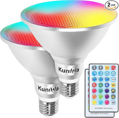 2 Pack PAR38 Flood Light Bulbs Outdoor 30W, LED Color Changing Spotlight Waterproof, 100W Equivalent, Timing, Remote, RGB Porch Light E26 for Holiday Halloween Christmas Party Decoration