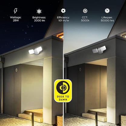 Feit Electric 28W Dusk to Dawn Dual Head Outdoor LED Security Flood Light, 2000 Lumens, 5000K Daylight, Adjustable Heads, Waterproof, Hardwired, 50,000-Hour Lifetime, S9DFL/850/DD/WH