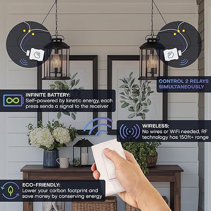 RunLessWire 2 Fixture Battery-Free DIY Kinetic Wireless Light Switch Kit 150ft RF Range for Different Fixtures or Outlets: 1 Remote Switch Controls 2 5A On/Off Receivers Simultaneously White