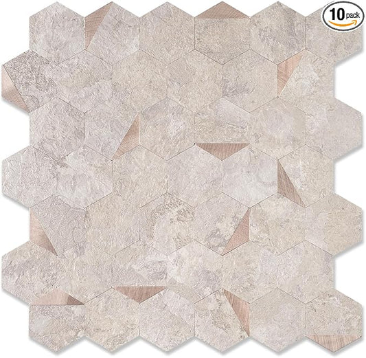 10-Sheet Hexagonal Peel and Stick Backsplash, Seamless Design Beige Stone Kitchen Backsplash Wall Tiles, Stone Surface Waterproof Stick on Tile for Bathroom, RV, Fireplace