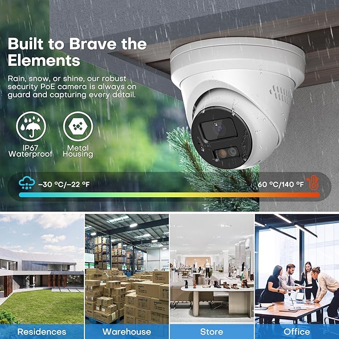 6MP PoE IP Turret Camera, PoE Camera Outdoor w/Red-Blue Alarm Lights & Sound, 98FT Smart Color Night Vision, 2-Way Audio, AI Human/Vehicle Detection, Full Metal IP67, 114°Wide Angle