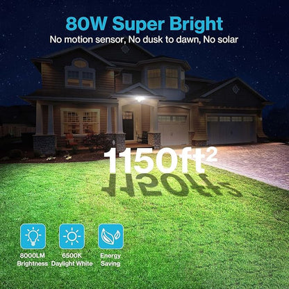 Olafus 80W Flood Lights Outdoor 2 Pack, Switch Controlled LED Security Lights 8000LM, 6500K Outside Floodlight, IP65 Waterproof Exterior Light Fixture for House, Yard, Garage, Wall/Eave Mount White