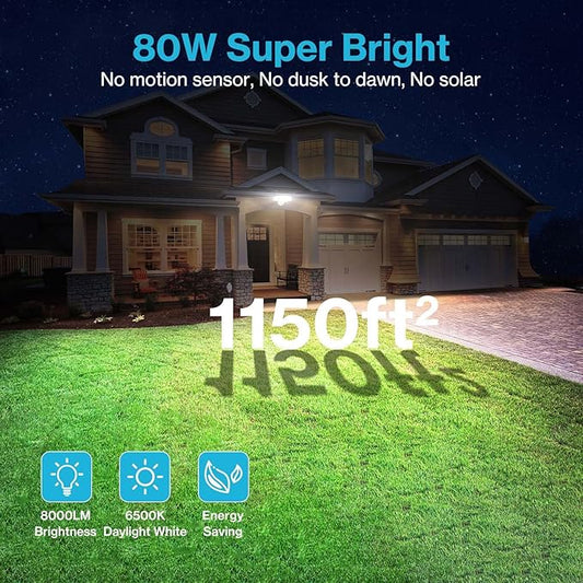 Olafus 80W Flood Lights Outdoor 2 Pack, Switch Controlled LED Security Lights 8000LM, 6500K Outside Floodlight, IP65 Waterproof Exterior Light Fixture for House, Yard, Garage, Wall/Eave Mount White