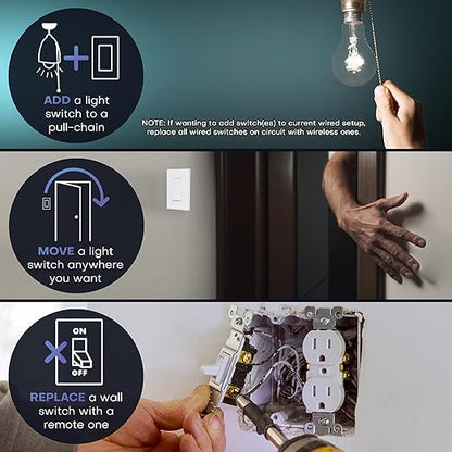 RunLessWire Single Pole Battery-Free DIY Wireless Light Switch Kit 150ft RF Range Self-Powered by Kinetic Energy for Fixtures & Outlets : 1 Remote Switch Controls 1 5A On/Off Receiver Black