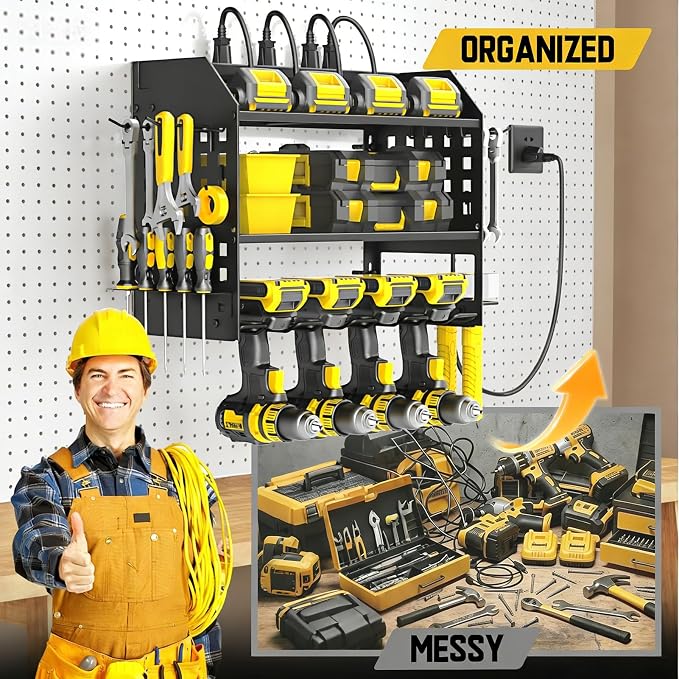 SPACECARE Power Tool Organizer with Charging Station 6 Outlets, 3-Layer Heavy Duty Wall Mount Drill Storage Rack, Cordless Tool with Utility Shelf, Garage Organization and Storage for Workshop- Black